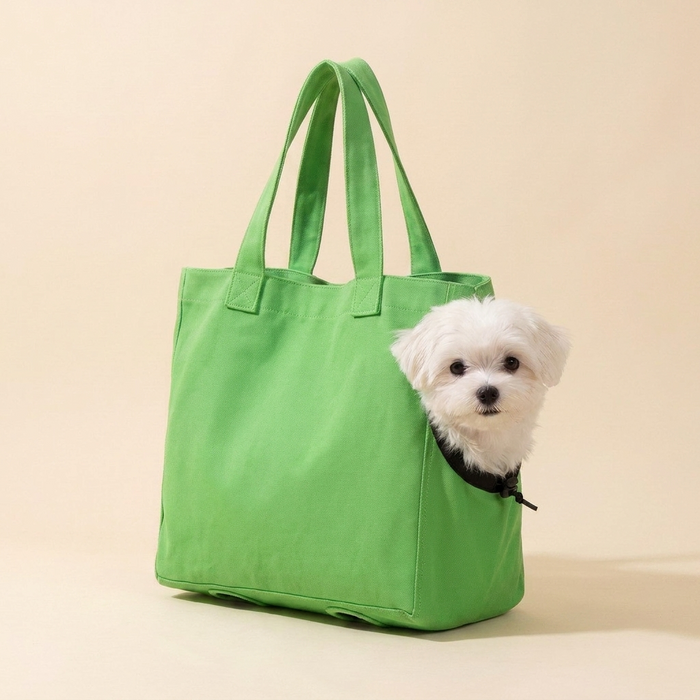 Dog with canvas pet tote