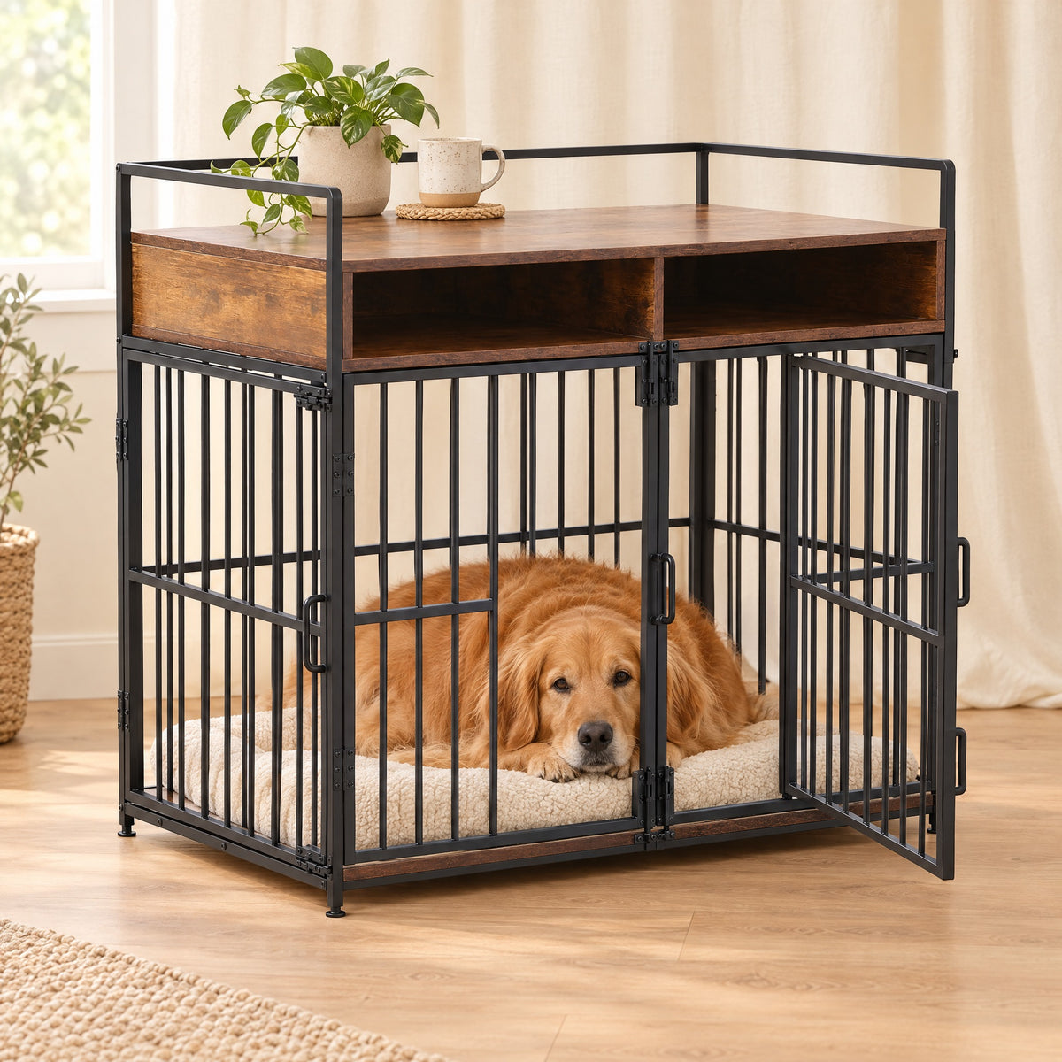 Golden retriever resting inside the wooden crate end table
