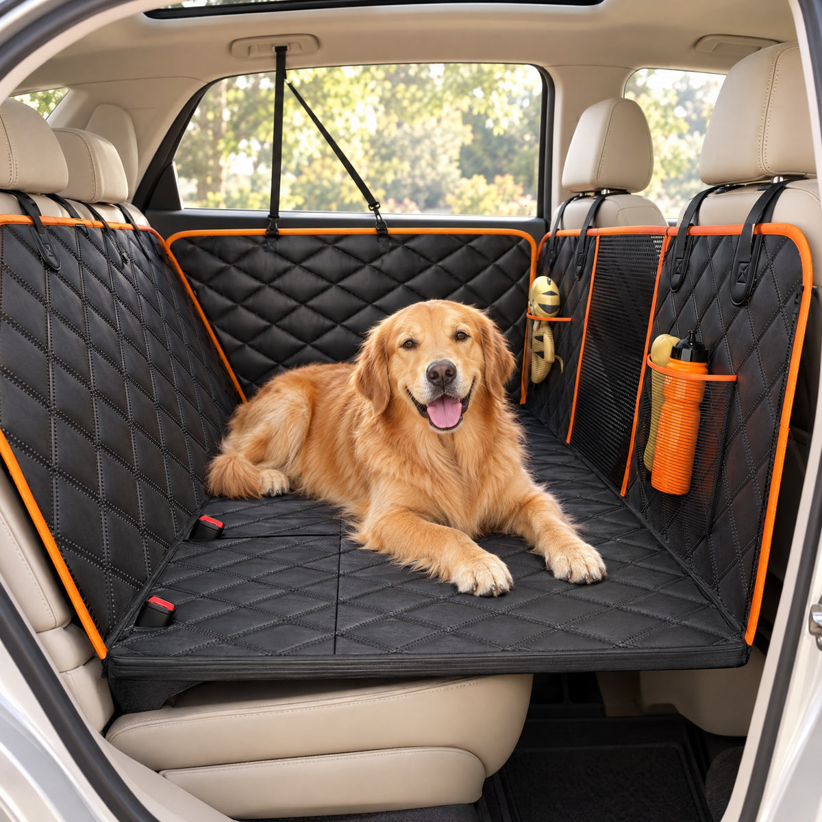 Golden retriever lying on the back seat extender
