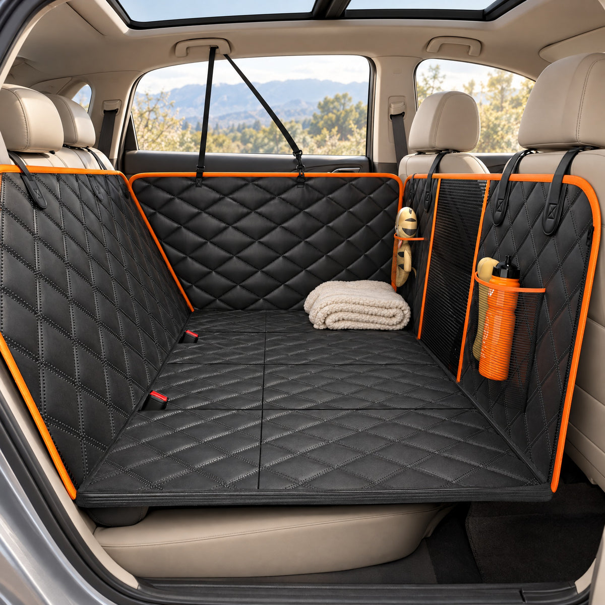 Back seat extender fitted across a car back seat