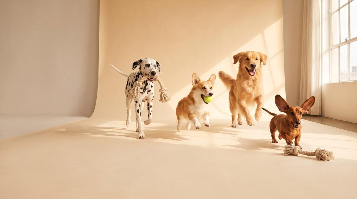 Four dogs caught mid-play with toys in a warm cream studio